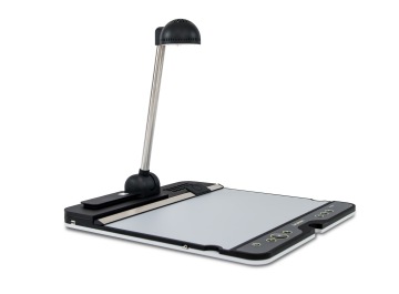 This image shows a Tactonom device featuring a flat, tactile surface for graphics accompanied by a sleek, extendable arm with a camera at the top. The device has control buttons along the edge, used for navigating, accessing different functions, adjusting settings. This setup allows users to independently explore and understand various types of graphical content, making it an invaluable tool for education, work, and other applications.