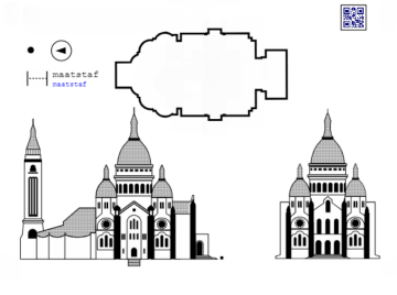 This is a tactile graphic of a cathedral designed for visually impaired users. It includes a top-down floor plan of the cathedral at the top center, along with front and side elevation views of the building below. On the left, there is a key with a dot and an arrow symbol, along with the word 'maatstaf' (scale), written in both black and blue. A QR code is located in the top right corner of the graphic.