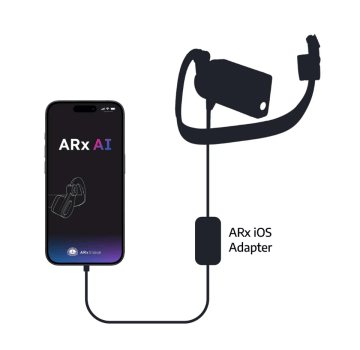 ARxVision is connected to iPhone thanks to the ARx iOs Adapter. Both devices are black.