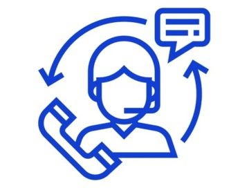 A blue icon featuring a customer service representative receiving phone calls and emails, representing Matapos' comprehensive customer care.