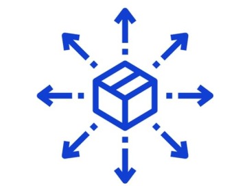 A blue icon of a package at the center with arrows pointing outward in all directions, symbolizing distribution or delivery.