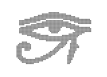 The image depicts the Eye of Horus, an ancient Egyptian symbol, created using dots. The design includes a stylized eye with an elongated horizontal line representing the eyebrow above it, a curved line extending down from the lower part of the eye, and a distinctive spiral shape curling from the left. The overall shape is well-known as a symbol of protection, health, and restoration in Egyptian mythology, all crafted in a pointillism style.
