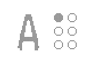 The image displays two distinct elements made of dots. On the left, the dots form the shape of an uppercase letter "A," with a hollow triangular space in the middle, resembling a typical stencil design of the letter. On the right, there are six circular dot formations arranged in a 2x3 grid. The top left circle is filled with dots, while the other five circles are hollow, outlined by dots. This combination of elements suggests a representation of the letter "A" alongside a possible reference to a Braille-like or dot-based system.
