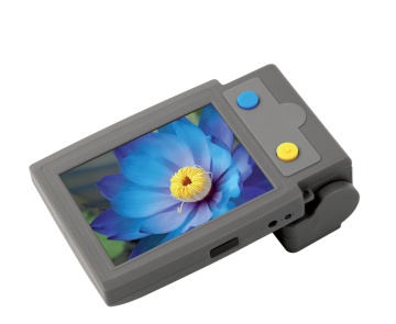 A close up image of Looky+ showing the display and blue and yellow button