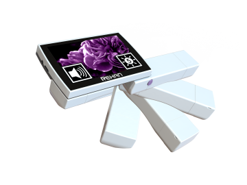 Looky 5 electronic magnifier with the display showing a purple flower, demonstrating the foldable handle in multiple adjustable positions.