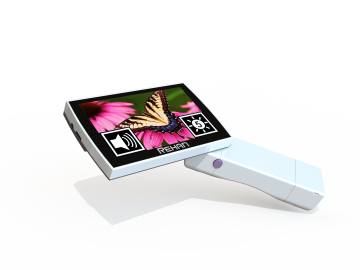 A close up image of Looky5 showing the handheld and a display featuring a photo of a butterfly