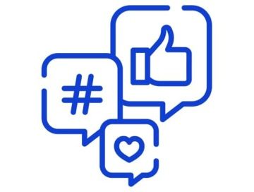 A blue icon featuring three social media symbols: a thumbs-up on the upper side, a 'like' symbol at the bottom, and a hashtag positioned between them.