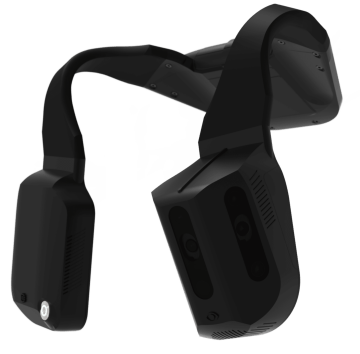 Image of the Biped Noa, a black wearable mobility and orientation device designed for assisting with navigation. The device features a wraparound design with cameras and sensors integrated into its front-facing sections.