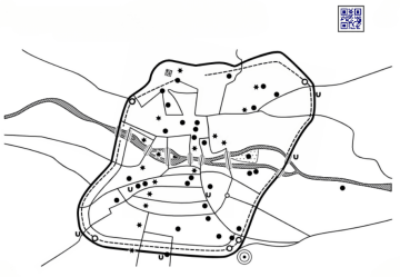 A tactile map featuring various raised symbols such as dots, stars, and lines to represent landmarks, routes, and terrain within a boundary. The map is designed for touch-based navigation and includes a QR code in the top right corner for additional digital information.