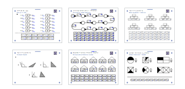 A set of six educational worksheets designed for visually impaired students, featuring various mathematical and geometric exercises. Each worksheet includes clear visual elements like shapes, diagrams, and structured layouts, along with QR codes for audio guidance. The worksheets cover topics such as addition exercises with numbers in boxes, calculation chains with connected nodes, pyramid-style number puzzles, triangle angle identification, multiplication/distribution visual aids using house-like diagrams, and basic shape recognition with contrasting patterns.