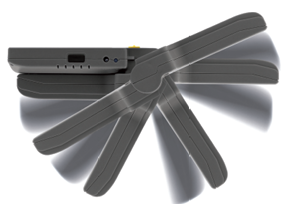 Side view of the Looky+ magnifier showing its adjustable folding handle in multiple positions for flexible use.