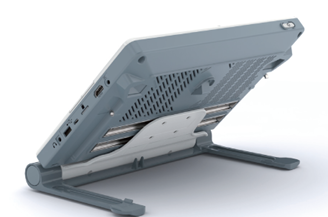Back view of the LookyTAB 10 showing ventilation, connectivity ports, and its integrated fold-out stand in use.