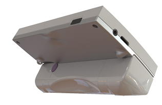 Bottom view of the Looky 5 handheld electronic magnifier showing its foldable handle and control button.
