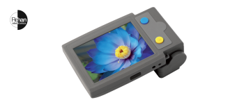 Looky + with a gray body, featuring a bright display showing a blue flower, and two large tactile buttons in blue and yellow on the top panel. The device is branded by Rehan Electronics.