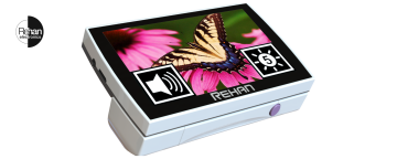 Rehan Electronics handheld electronic magnifier displaying a butterfly on a pink flower, with large on-screen icons for volume and brightness adjustment visible on the display.