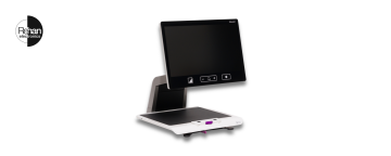 Rehan Electronics Acuity Speech desktop magnifier with a widescreen display mounted on an adjustable arm above a reading platform, shown against a white background.
