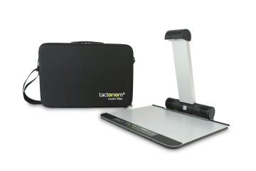 Tactonom Reader Flex device with a sleek, foldable design placed next to its black carrying case. The device has a flat, grey base with tactile buttons on the front panel, a raised arm with a camera or sensor at the top, and integrated speakers for audio output. The carrying case features the 'Tactonom Reader Flex' logo in white and yellow text.
