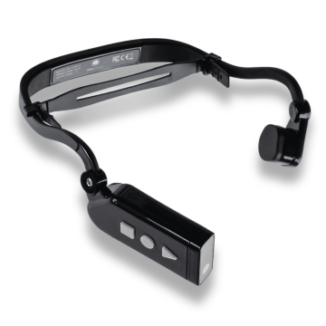 The image shows ARx Vision, a black headband device with a small rectangular control unit attached. The control unit features three tactile buttons. The device includes an earpiece extending from one side and a slim, adjustable band for securing it around the head.