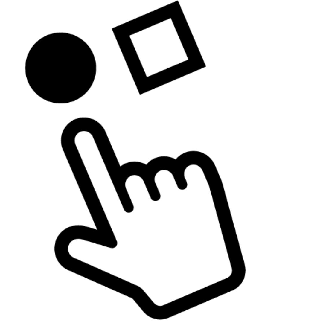 An icon featuring a hand pointing to two objects, a square and a circle, symbolizing tactile buttons.